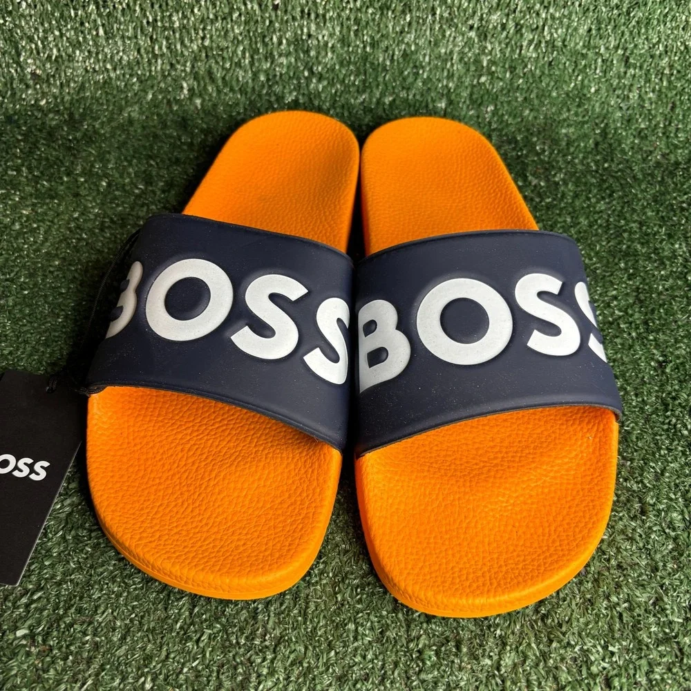 NEW‎ BOSS Aryeh Logo Rubber Pool Beach Sandal Slide Orange Navy Mens Size 12